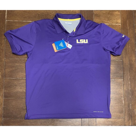 Columbia LSU Tigers Polo Shirt Mens Large Omni Shade PFG Purple Solid Vented NWT - Picture 1 of 4